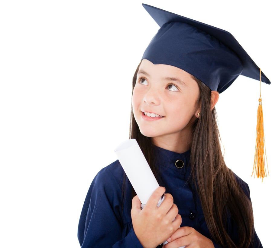Pensive young female graduate - isolated over a white background